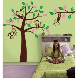 Set of 4 Brown Monkeys in Tree with Pink & Green Leaves Vinyl Wall Art